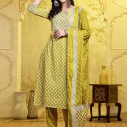 Stylum Mustard Yellow Floral Printed Pure Cotton Straight Kurta With Trousers & Dupatta-image-23
