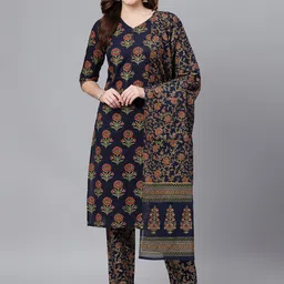 Idalia Women Blue Ethnic Motifs Printed Pure Cotton Kurta with Trousers & Dupatta-picture-26