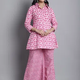 Kamayra Ethnic Motifs Printed Shirt Collar Pure Cotton Kurta with Palazzos-image-2
