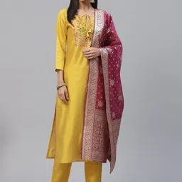 KALINI Ethnic Motifs Embroidered Thread Work Straight Kurta With Trousers & Dupatta-picture-22