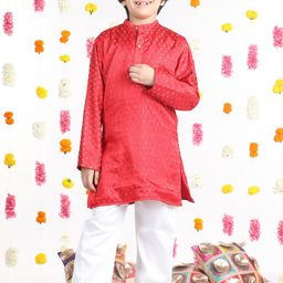 Cutiekins Boys Ethnic Motifs Woven Design Mandarin Collar Chanderi Silk Kurta with Pyjamas-picture-42