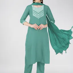 ARADHNA Ethnic Motifs Yoke Design Sequinned Detailed Straight Kurta & Trouser With Dupatta-picture-39