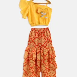 Lil Tomatoes Girls Mustard & Red Printed Regular Pure Silk Top with Palazzos-picture-24
