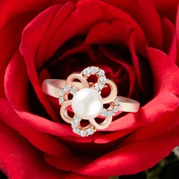 AMI Rose Women Gold-Plated White CZ-Studded & Pearl Beaded Adjustable Finger Ring-picture-37