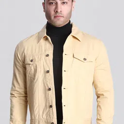 Dream of Glory Inc Men Khaki Colourblocked Lightweight Crop Outdoor Denim Jacket with Embroidered-picture-26