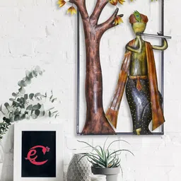 eCraftIndia Brown & Black Handcrafted Lord Krishna Playing Flute Under Tree Iron Wall Hanging Showpiece-picture-17