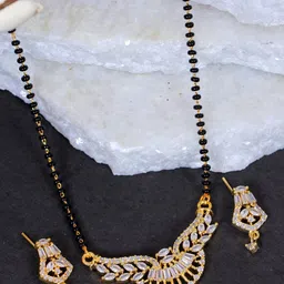 SwaDev Black & Gold-Toned & Gold Plated AD-Studded Mangalsutra Set-image-3
