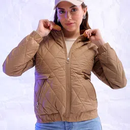Freehand by The Indian Garage Co Brown Spread Collar Long Sleeve Faux Fur Trim Quilted Jacket-picture-46