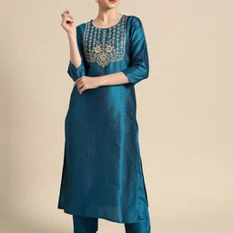 Varanga Women Blue Floral Embroidered Kurta with Trousers-picture-17