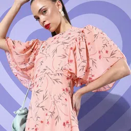 DODO & MOA Peach Floral Flutter Sleeves Dress-picture-35