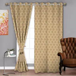 Parda Sansar Beige 2 Pieces Ethnic Motifs Room Darkening Window Curtains-image-0