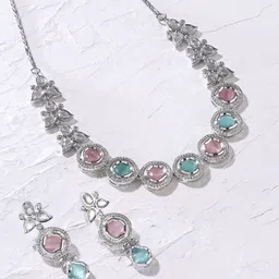 Priyaasi Silver-Plated American Diamond- Studded & Beaded Jewellery Set-picture-14