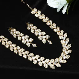ANIKAS CREATION Gold-Plated White AD-Studded Leaf Shaped Jewellery Set-picture-5
