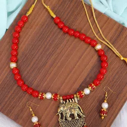 Crunchy Fashion Women Red Gold-Plated Royal Bahubali Pearl Jewellery Set-picture-10