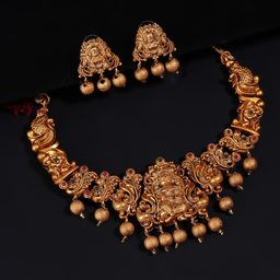 Yellow Chimes Gold-Plated Red & Green Stone-Studded Beaded Temple Jewellery Set-picture-33