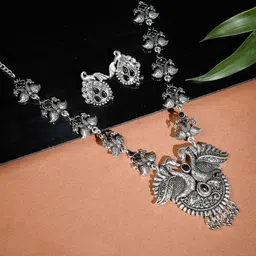 Silvermerc Designs Oxidised Silver-Plated & Stone-Studded Peacock Jewellery Set-picture-10
