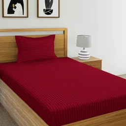 Dreamscape Maroon Striped Flat 220 TC Cotton Single Bedsheet with 1 Pillow Cover-picture-11