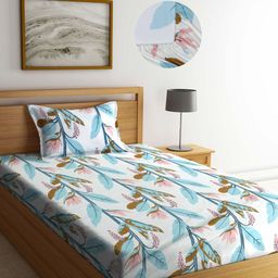 Arrabi White & Blue Floral 300 TC Single Bedsheet with 1 Pillow Covers-picture-36
