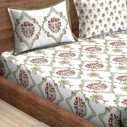 Rajasthan Decor White & Green Floral 180 TC King Bedsheet with 2 Pillow Covers-image-73