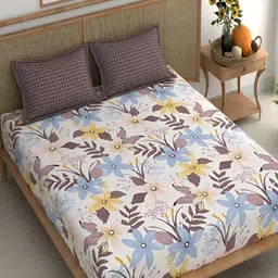 Srijee Decors Bronze Toned & White Floral 210 TC Fitted King Bedsheet With 2 Pillow Covers-image-72
