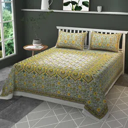 CLIO'S HERITAGE STORE White & Yellow Floral 210 TC Cotton King Bedsheet & 2 Pillow Covers-image-43