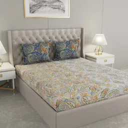 Raymond Home Grey & Yellow Paisley 140 TC Cotton Queen Bedsheet with 2 Pillow Covers-image-21