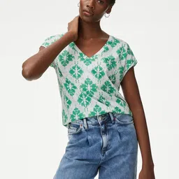 Marks & Spencer Abstract Printed Round Neck Extended Sleeves T-shirt-picture-25