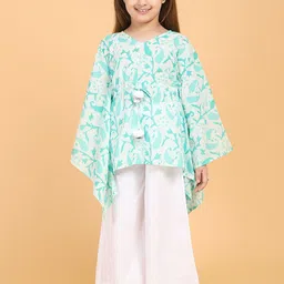 PICCOLO Girls Green Floral Printed Layered Pure Cotton Kurti with Palazzos-image-59
