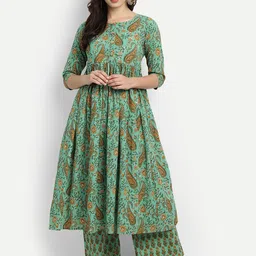 githaan Women Green Floral Printed Pleated Pure Cotton Kurti with Palazzos-picture-22