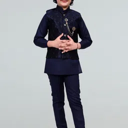 BT DEZINES Boys Mandarin Collar Regular Kurta With Trousers & Embossed Print Jacket-picture-46