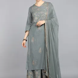 AHIKA Women Grey & Gold-Toned Embroidered Pure Cotton Kurta With Palazzos & Dupatta-picture-20