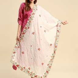 Dupatta Bazaar Off White & Red Embroidered Pure Cotton Dupatta with Thread Work-picture-0