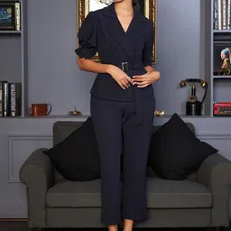 Athena Women Navy Blue Solid Co-Ords-picture-2