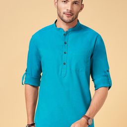 indus route by Pantaloons Mandarin Collar Roll-Up Sleeves Cotton Kurta-picture-5