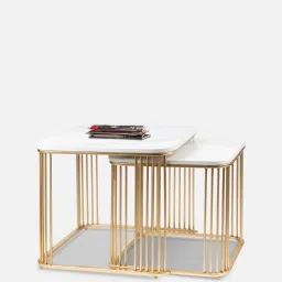 handicrafts town Moonstone Marble Top Nest of Tables in Gold Finish (Set Of 2) image 1