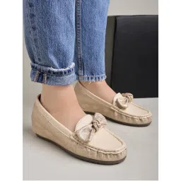 Shoetopia Upper Bow Detailed Cream Loafers for Women-picture-32