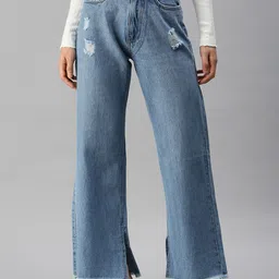 SHOWOFF Women Blue Wide Leg High-Rise Mildly Distressed Heavy Fade Jeans-picture-15