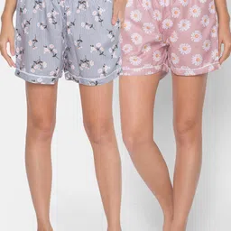 FashionRack Women Pack Of 2 Grey & Pink Printed Cotton Lounge Shorts-picture-41