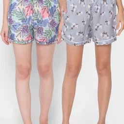 FashionRack Women Pack Of 2 Grey & Blue Printed Cotton Lounge Shorts-picture-11