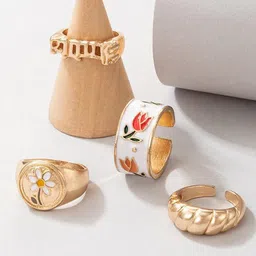 DESTINY JEWELS Set Of 4 Gold-Plated Stone-Studded Adjustable Finger Ring image 1