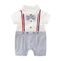 StyleCast Grey & White Infant Boys Striped Shirt Collar Cotton Romper-picture-58