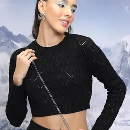 Tokyo Talkies Black Cable Knit Round Neck Long Sleeves Acrylic Crop Pullover Sweater-picture-29