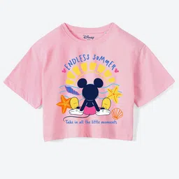 YK Disney Girls Mickey Mouse Printed Pure Cotton Applique Boxy T-shirt-picture-38