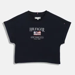 Tommy Hilfiger Girls Typography Printed Roll-Up Sleeves Relaxed Fit Cotton T-shirt-picture-24