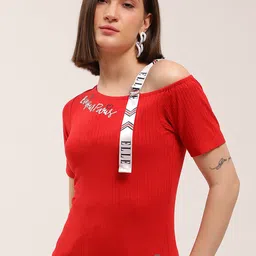 ELLE Red & White One Shoulder Brand Logo Pure Cotton Top-image-31