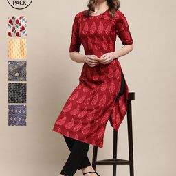 7threads 1 Stop Fashion Women Pack Of 6 Red & Off White Ethnic Motifs Printed Crepe Kurta-picture-16