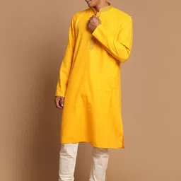 VASTRAMAY Men Yellow Embroidered Pleated Thread Work Kurti with Pyjamas-image-9
