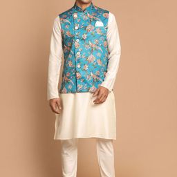 VASTRAMAY Mandarin Collar Straight Kurta with Churidar & Nehru Jacket-picture-49