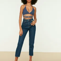 Trendyol Women Navy Blue Mom Fit Pure Cotton Stretchable Jeans-image-29