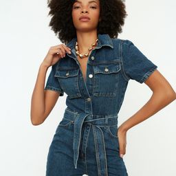 Trendyol Women Blue Basic Pure Cotton Jumpsuit with Belt-picture-34